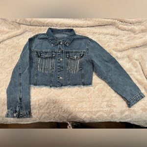 SHEIN Cropped Denim Jacket with Rhinestone Accents